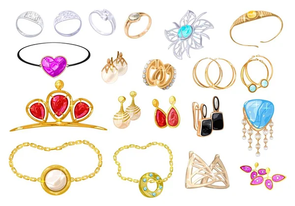 Aranyat. platina, ezüst gyűrűk, karkötők, brosúrák, sármok, fülbevalók, medálok, körök, tiarák, drágakövek. — Stock Vector
