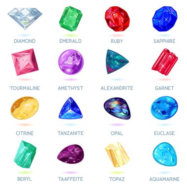 Assortment of jewelry, gem shop. Big vector set with red, yellow, pink, blue, green, purple minerals. clipart