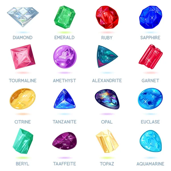Mücevher dükkanı, mücevher dükkanı. Kırmızı, sarı, pembe, mavi, yeşil, mor mineralli büyük vektör kümesi.
