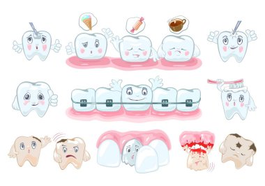 Sağlıklı ve ağrılı dişleri olan büyük bir set, beslenme tavsiyeleri, diş sorunlarının çözümleri.