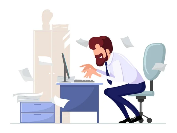 Bearded office worker sitting on chair at computer desk, working enthusiastically. — Stock Vector