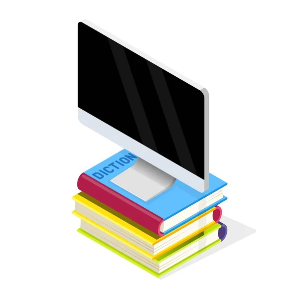 O monitor do computador está em pilha de livros. Biblioteca de livros de mídia, leitura de e-book, educação online, base de dados . —  Vetores de Stock