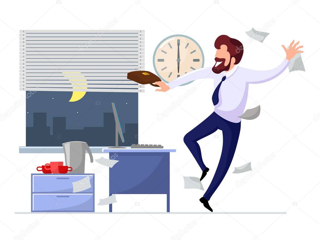 Happy businessman rejoices at the end of working day, week or beginning of vacation.