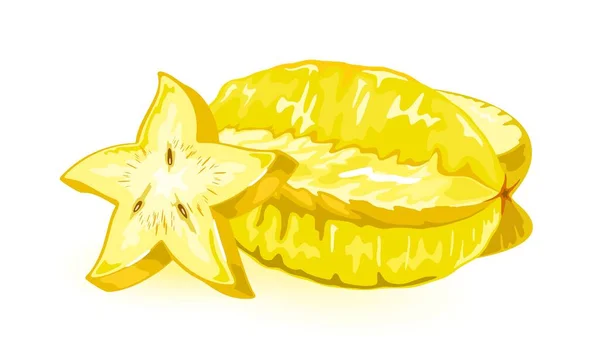 Carambola, frutos estrelados ou cinco cantos inteiros e cortados em fatias. Amarelo Trópico comestível fruta oblonga —  Vetores de Stock