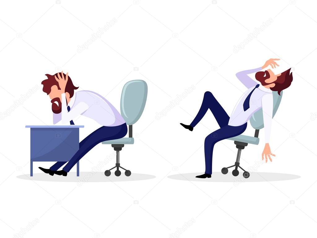 Set with poses of office worker, employee who has psychological problems.