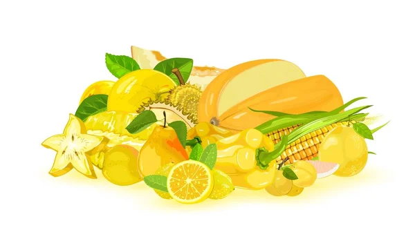 Mela gialla, melone, carambola, mais, limone, peperone, pera, mirobalano, pomelo, durian . — Vettoriale Stock