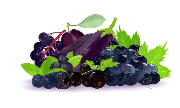 Aptitretare stack med färska, mogna svarta, mörklila och blå bär, frukt och grönsaker. — Stock vektor