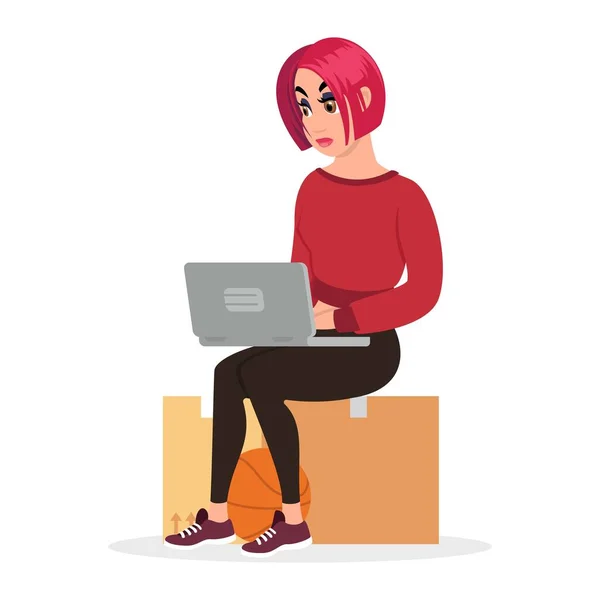 Kızıl saçlı kız karton kutunun üzerinde oturuyor, iş arıyor ya da yeni bir daire, dizüstü bilgisayarda ev arıyor.. — Stok Vektör