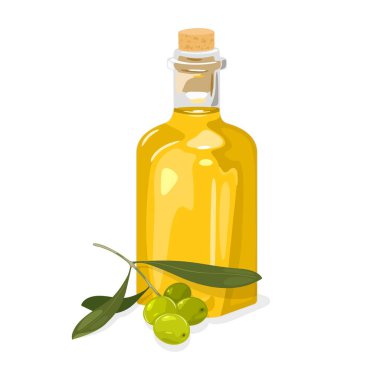 Yapraklı yeşil zeytin dalı ve cam mantarlı ekstra saf sarı yağ..