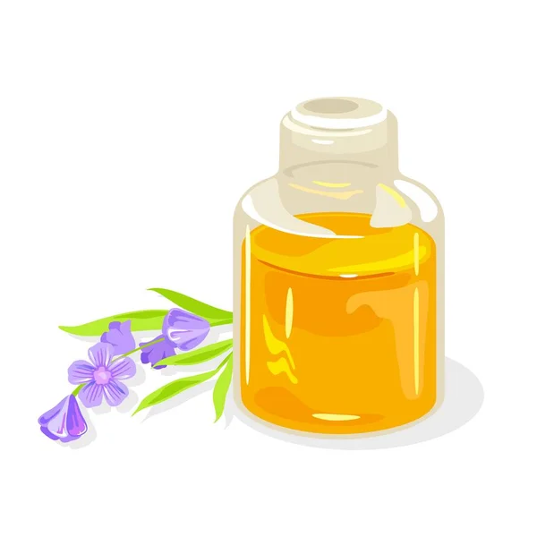Sprig de lavanda violeta é perto de frasco transparente fechado por cortiça de vidro com óleo essencial floral . — Vetor de Stock
