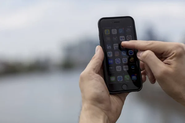 Outdoor Mobile Phone in Male Hands — Stock Photo, Image