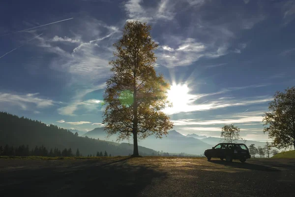 Arbre d'automne solitaire et voiture devant les silhouettes de montagne — Photo