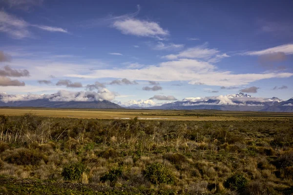 Champ Patagonien et montagnes des Andes enneigées — Photo
