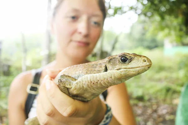 Белая женщина держит змею в руке — стоковое фото