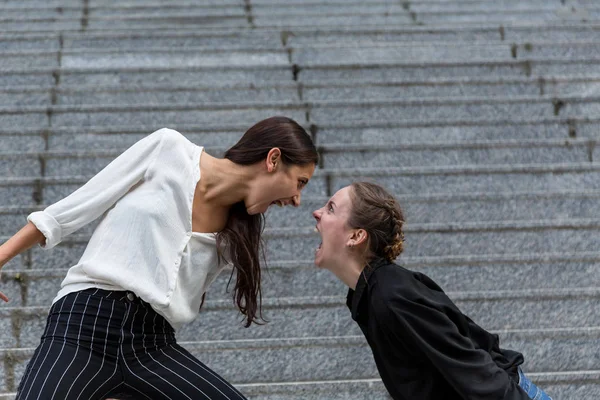 Duas mulheres gritando uma com a outra cara a cara — Fotografia de Stock