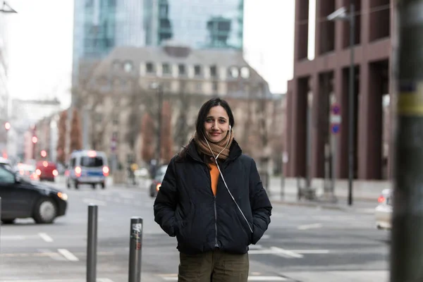 Attractive Young Indian Woman Posing Street Corner Hands Coat Pockets — Stock Photo, Image