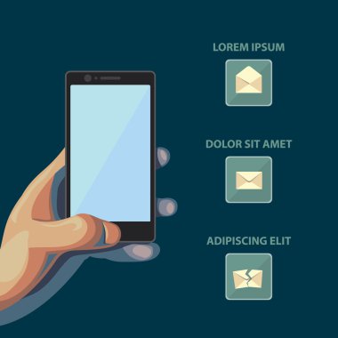 Smartphone elinde. Yalıtılmış düz stil illüstrasyon koyu arka plan üzerinde ileti simgeleri ile.