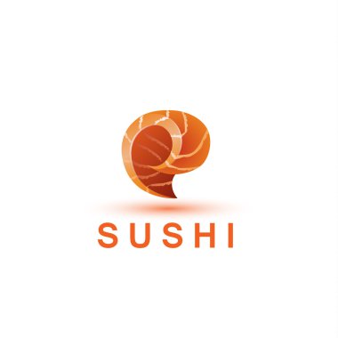 Suşi logo şablonu. E harfinin somon balık taze bir parçası gibi görünüyor.