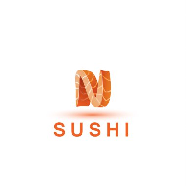 Suşi logo şablonu. N harfi somon balık taze bir parçası gibi görünüyor.
