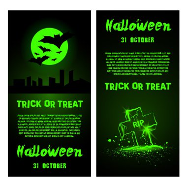 Cadılar Bayramı partisi el ilanı şablonu. Vektör yeşil neon tarzı davetiyeleri ayarla.