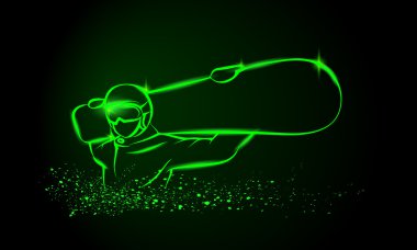 Snowboard ile bir tahta onun omuzlarında. Yeşil neon kış sporları arka plan.