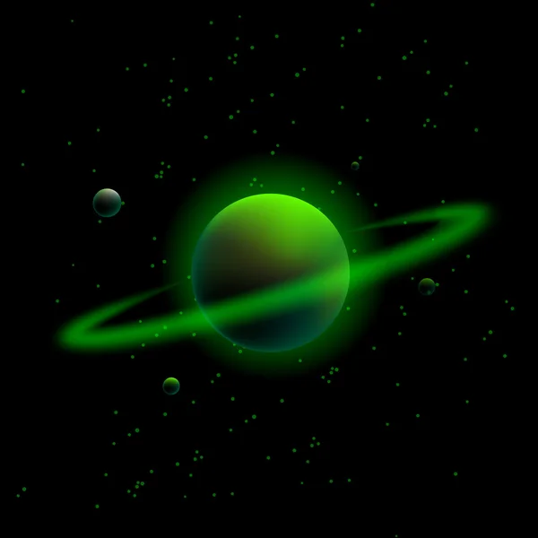 Planet with rings and satellites. Neon Green space background. — Stock Vector
