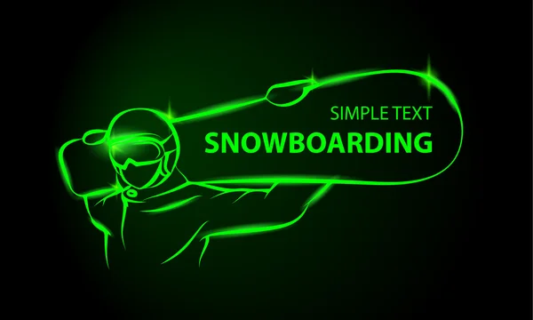 Snowboarder mit einem Brett auf den Schultern. grüne Neon Wintersport Hintergrund mit Platz für Text. — Stockvektor