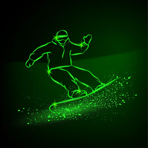 Snowboarder montando rápido por la ladera de la montaña. Fondo de deportes de invierno de neón verde . — Archivo Imágenes Vectoriales