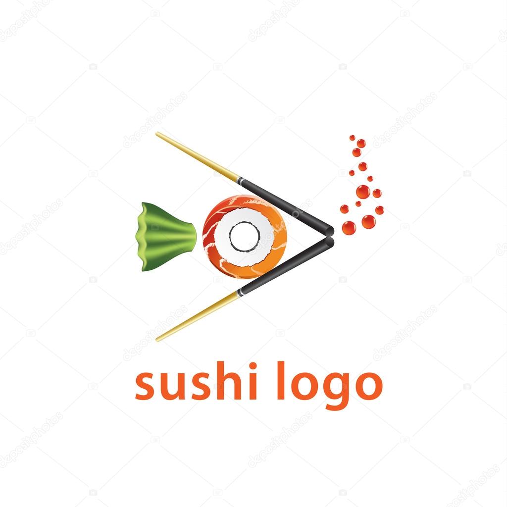 Sushi logo composition of chopsticks, roll, wasabi, caviar. Fish icon for Japanese food  restaurant menu.