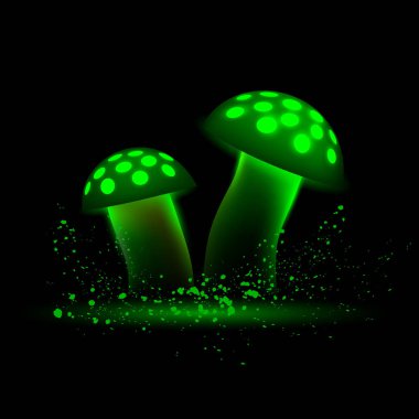 Yeşil neon mantar. Siyah bir arka plan üzerinde parlayan sihirli agaric