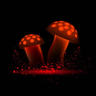 Kırmızı neon mantar. Siyah bir arka plan üzerinde parlayan sihirli agaric.