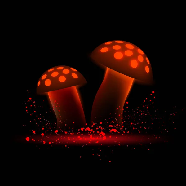 Champignons au néon rouge. Agarique magique rayonnante sur fond noir . — Image vectorielle