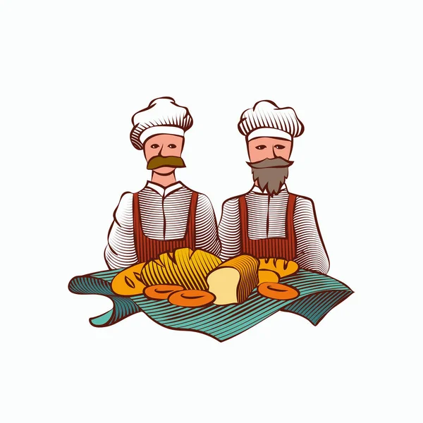 Two bakers and different bread products in the foreground. Retro engraved illustration of a bakery on a white background. — Stock Vector