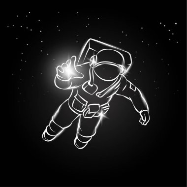 Astronot uzayda uçan ve ışık elinde yakalar. Vektör çizim spaceman yıldız zemin üzerine.