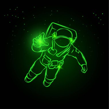 Astronot uzayda uçan ve ışık elinde yakalar. Yeşil neon vektör çizim spaceman yıldız zemin üzerine.