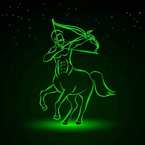 Ilustração do zodíaco de Neon Sagitário Verde no fundo estrelado. Centauro com arco, vista frontal . —  Vetores de Stock