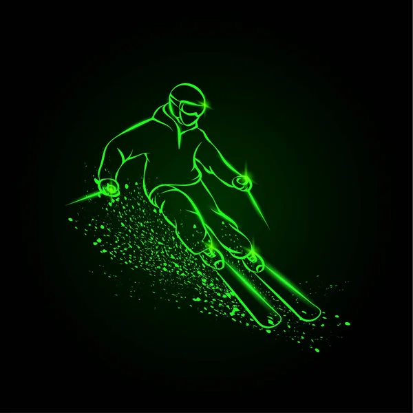 Esquiador en una ladera de montaña con niebla. Ilustración deportiva de neón verde sobre fondo negro . — Vector de stock