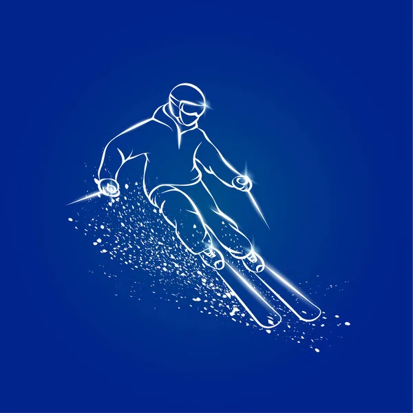 Skieur sur une pente de montagne avec effet spray neige. Illustration de sport de ski blanc sur fond bleu . — Image vectorielle