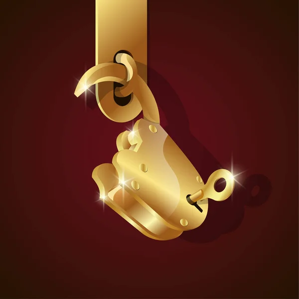 Goldenes Vorhängeschloss mit Schlüssel im Schlüsselloch. Vektor 3D Illustration mit geöffnetem Schloss. — Stockvektor