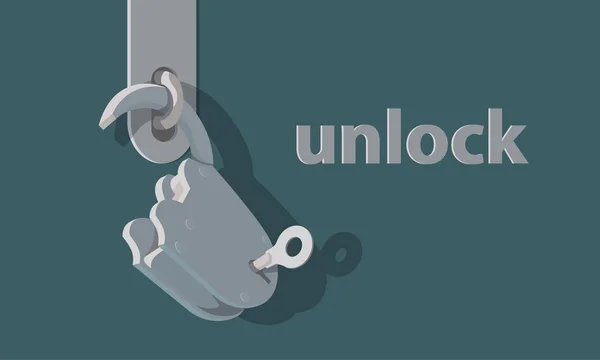 Lock achtergrond voor banner geopend. Oude open hangslot met de sleutel in het sleutelgat. Vlakke stijl vectorillustratie in blauwe tinten. — Stockvector