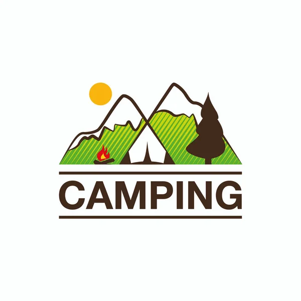 Camping- und Outdoor-Abenteuer-Logo. Farb-Tourismus-Emblem mit Zelt, Lagerfeuer und Berglandschaft. — Stockvektor