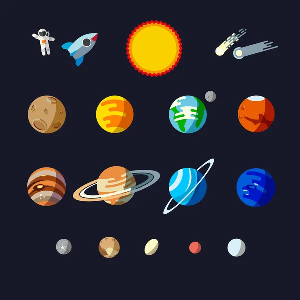 Objetos do sistema solar, conjunto de estilo plano. Planetas e pequenos planetas como Ceres, Plutão, Haumea, Makemake, Eris . — Vetor de Stock