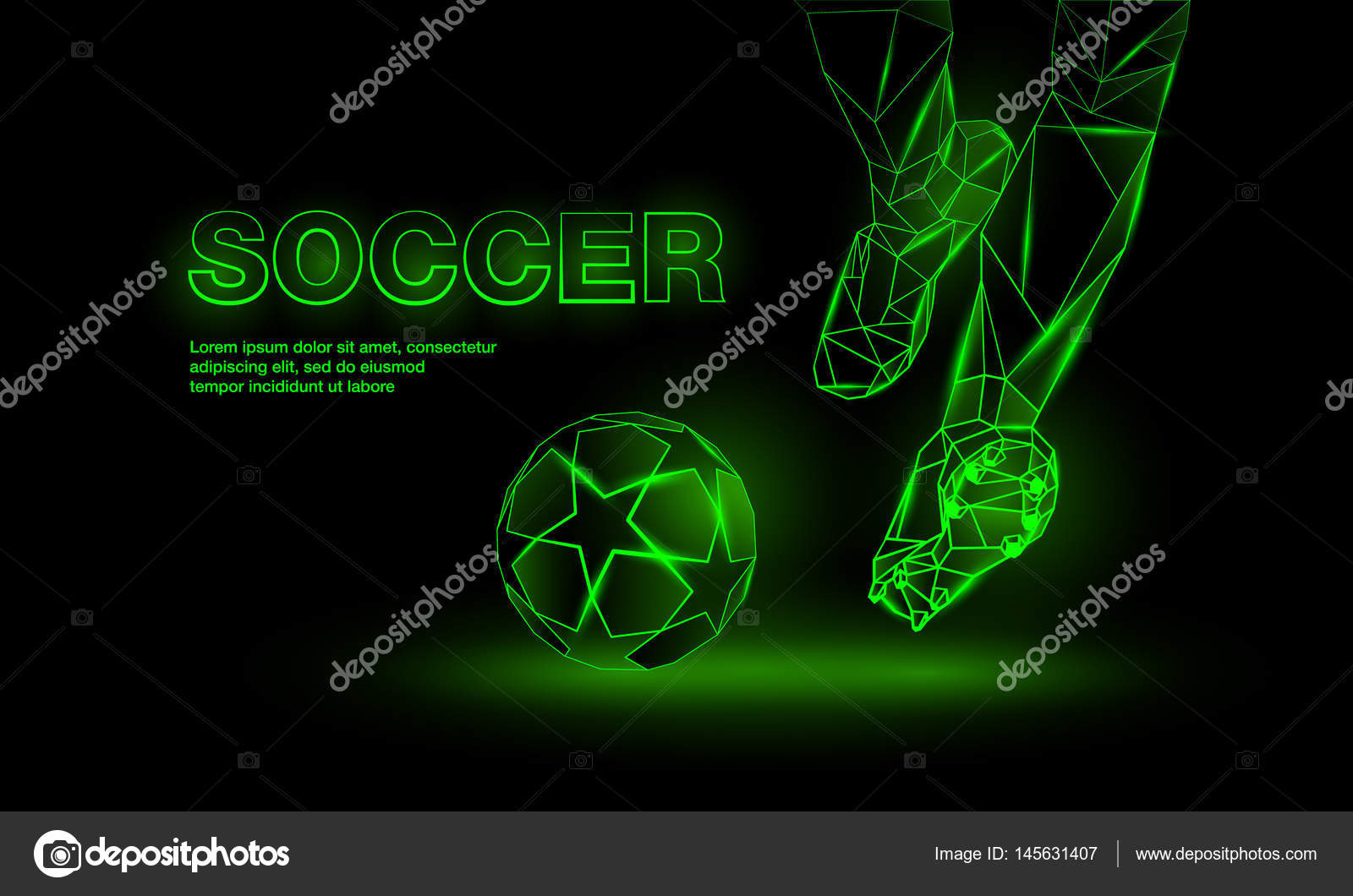 Soccer green neon banner. Polygonal Football Kickoff illustration. Legs