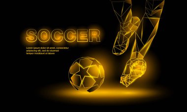 Futbol sarı neon afiş. Poligonal futbol başlama illüstrasyon. Bacak ve futbol topu.