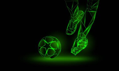 Futbol yeşil neon arka plan. Poligonal futbol başlama illüstrasyon. Bacak ve futbol topu.