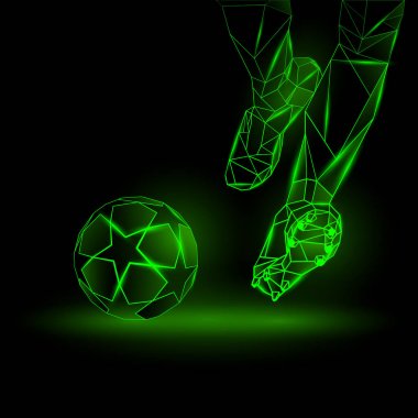 Poligonal futbol başlama illüstrasyon. Futbolcu topa vurur. Spor yeşil neon arka plan.