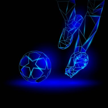 Poligonal futbol başlama illüstrasyon. Futbolcu topa vurur. Spor mavi neon arka plan.
