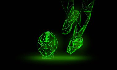 Amerikan futbolu başlama vuruşu. Poligonal yeşil neon arka plan. Bacak ve futbol topu.