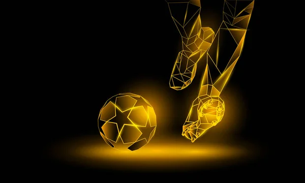 Fondo de neón amarillo fútbol. Ilustración de Kickoff de fútbol poligonal. Piernas y pelota de fútbol . — Vector de stock