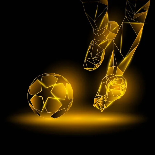 Polygonal fotboll Kickoff illustration. Fotbollspelare träffar bollen. Sport gul neon bakgrund. — Stock vektor